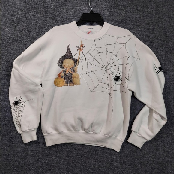 Vintage Jerzees Sweatshirt Womens Medium White Halloween Witch Spiderweb USA 90s - Picture 1 of 11